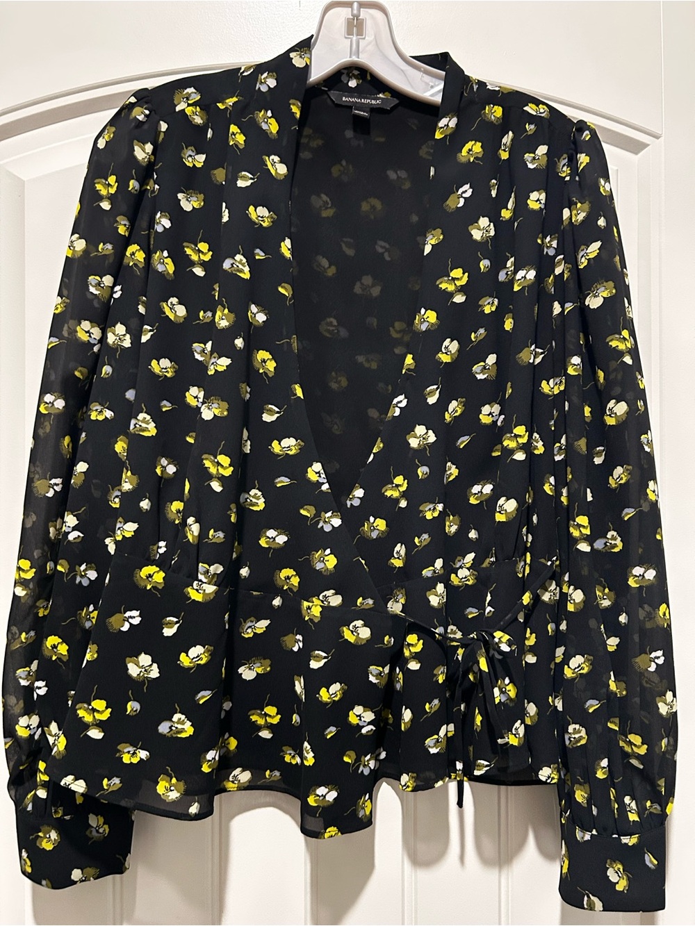 Banana Republic Black Floral Wrap Top with Yellow & White Accents